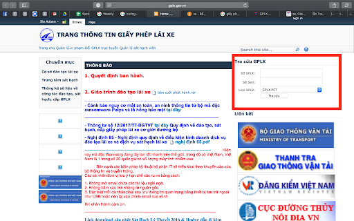 Website gplx.gov.vn của Tổng cục Đường bộ giúp tra cứu dữ liệu về giấy phép lái xe