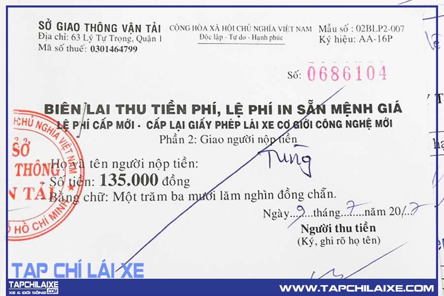 Biên lai thu phí đổi bằng lái xe mô tô