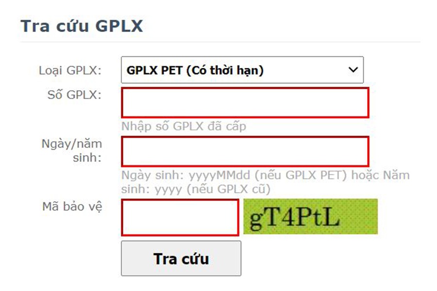 Bước nhập thông tin tra cứu giấy phép lái xe