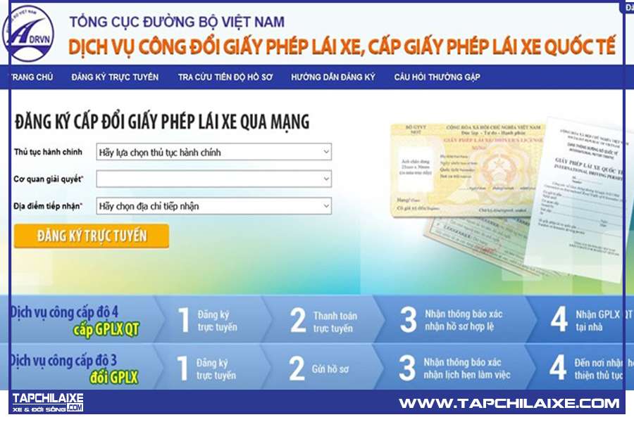 Giao diện đăng ký đổi giấy phép lái xe qua mạng