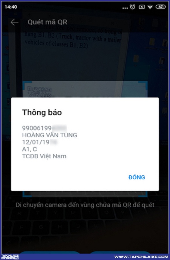 Kết quả hiển thị sau khi quét mã QR qua Zalo