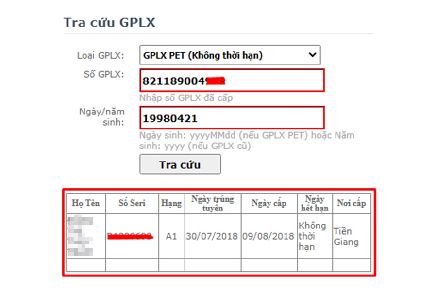 Kết quả tra cứu giấy phép lái xe và lỗi vi phạm