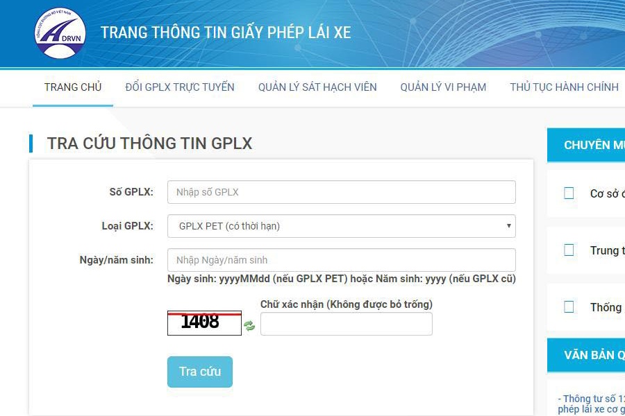 Trang website mới tra cứu giấy phép lái xe
